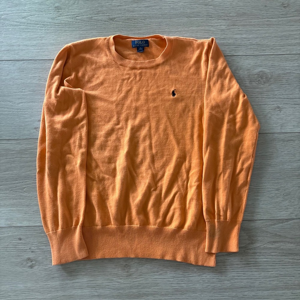 Polo Ralph Lauren Mens Small Orange Pima Cotton Crewneck Sweater Navy Pony Logo